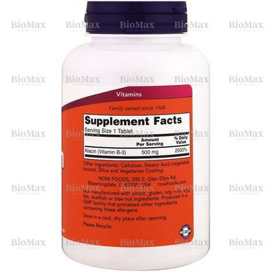 Ниацин, В3, Niacin, Now Foods, 500 мг, 250 таблеток