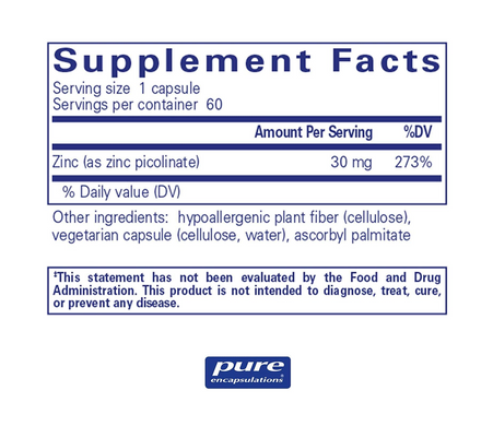 Цинк піколінат, Zinc, Pure Encapsulations, 30 мг, 60 капсул