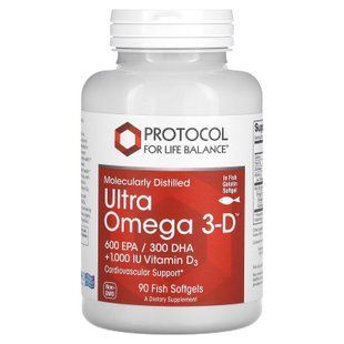 Омега-3 Ультра с витамином D3, Ultra Omega 3-D, Protocol for Life Balance, молекулярно-дистиллированная, 600 ЭПК/300 ДГК, с лимонным маслом, 90 рыбных гелевых капсул