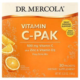 Вітамін С + цинк та вітамін D3, Vitamin C-PAK, Dr. Mercola, зі смаком апельсина, 500 мг, 30 пакетиків (4.93 г кожний)