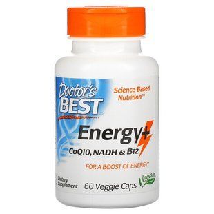 Энергия + Коэнзим Q10, Energy+ CoQ10, NADH & B12, Doctor's Best, 1000 мкг/200 мг, 60 вегетарианских капсул