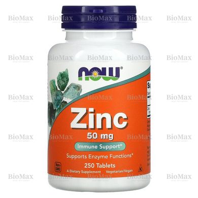 Цинк, Zinc, Now Foods, 50 мг, 250 таблеток