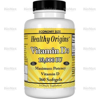 Витамин Д-3, Д3, Vitamin D-3, D3, Healthy Origins, 10 000 МЕ, 360 капсул