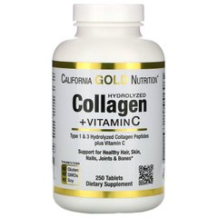 Гидролизованные коллагеновые пептиды + витамин С тип 1 и 3 California Gold Nutrition (Hydrolyzed Collagen Peptides + Vitamin C Type I & III) 6000 мг 250 таблеток