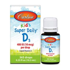 Дитячий вітамін Д-3, Д3 від 2 років, Kid's Super Daily D-3, D3, Carlson Labs, 400 МО, 10,3 мл