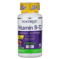 Витамин В12, (цианокобаламин), Vitamin B-12, Natrol, вкус клубники, 5000 мкг, 100 таблеток