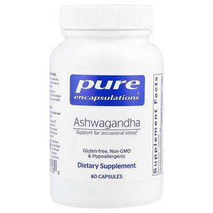 Ашвагандха, Ashwagandha, Pure Encapsulations, для підтримки щитовидної залози, суглобів, адаптогенів, розумового зосередження, емоційного благополуччя та пам'яті, 500 мг, 60 капсул