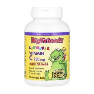 Вітамін C для дітей, Big Friends Chewable Vitamin C, Natural Factors, смак апельсина, 250 мг, 90 жувальних таблеток