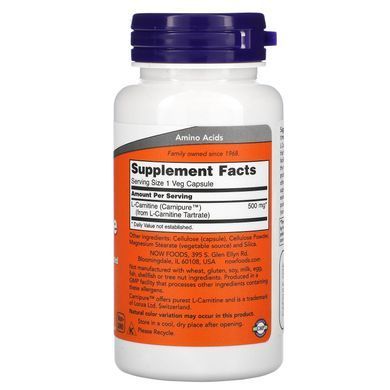 L-Карнитин, L-Carnitine, Now Foods, 500 мг, 30 капсул