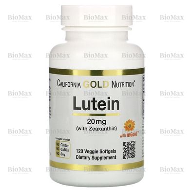 Лютеїн з зеаксантином, Lutein with Zeaxanthin, California Gold Nutrition, 20 мг, 120 рослинних м'яких таблеток