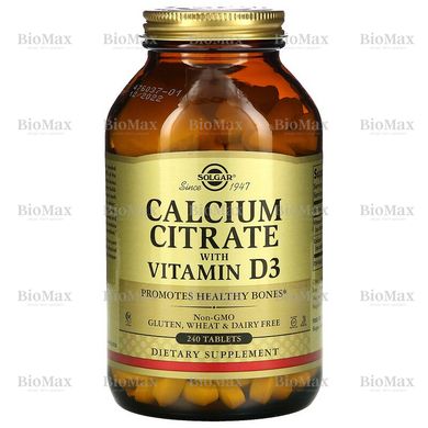 Цитрат кальция + витамин Д3, Calcium Citrate with Vitamin D3, Solgar, 1000 мг/600 МЕ, 240 таблеток