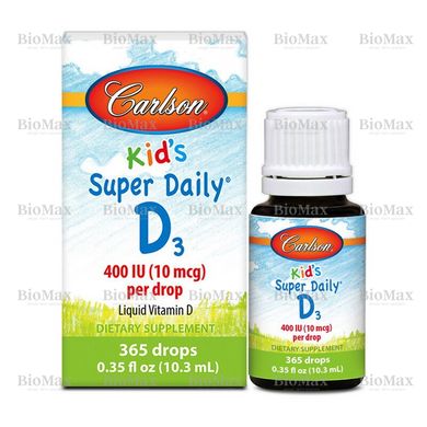 Дитячий вітамін Д-3, Д3 від 2 років, Kid's Super Daily D-3, D3, Carlson Labs, 400 МО, 10,3 мл