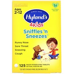 4 Kids, при насморке и чихании для детей, возраст 2-12, Sniffles 'n Sneezes, Hyland's, 125 быстрорастворимых таблеток
