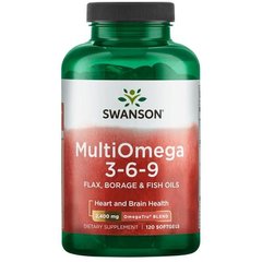 Омега 3-6-9, MultiOmega 3-6-9, Swanson, масло льону, бораго та риби, 2400 мг, 120 капсул