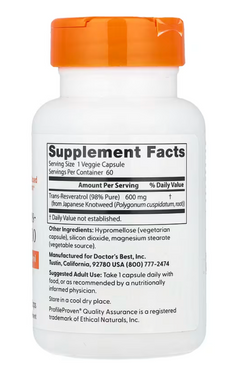 Эффективный транс-ресвератрол 600, Trans-Resveratrol 600, Doctor's Best, 600 мг, 60 вегетарианских капсул