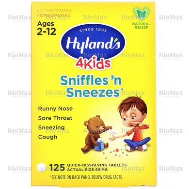 4 Kids, при нежиті і чханні для дітей, вік 2-12, Sniffles 'n Sneezes, Hyland's, 125 швидкорозчинних таблеток