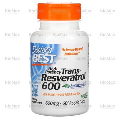 Эффективный транс-ресвератрол 600, Trans-Resveratrol 600, Doctor's Best, 600 мг, 60 вегетарианских капсул