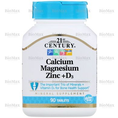 Кальций, Магний, Цинк + Д-3, Calcium Magnesium Zinc + D3, 21st Century, 1000 мг/400 мг/15 мг/400 МО, 90 таблеток