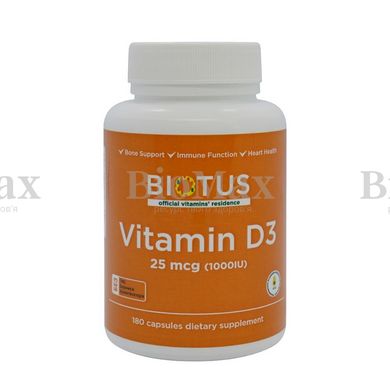 Витамин Д-3, Д3, Vitamin D-3, D3, Biotus, 1000 МЕ, 180 капсул (Украина)