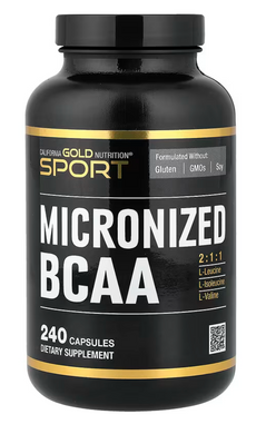 Микронизированные BCAA, аминокислоты с разветвленной цепью, Branched Chain Amino Acids, California Gold Nutrition, 500 мг, по 250 мг в капсуле, 240 капсул