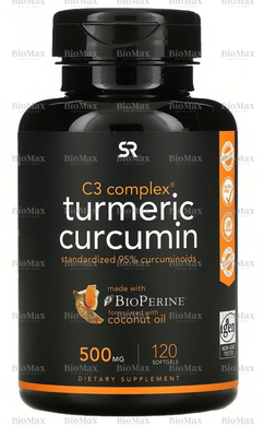 Куркумін C3 з екстрактом плодів чорного перцю BioPerine, Turmeric Curcumin, Sports Research, 500 мг, 120 капсул