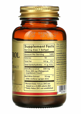 Ресвератрол (Resveratrol), Solgar, 250 мг, 30 капсул