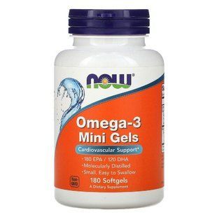 Омега 3, Omega-3 Mini Gels, Now Foods, 180 ЭПК / 120 ДГК, 180 капсул