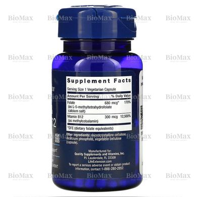 Фолієва кислота і В12 (метілкобаламін), Folate & Vitamin B12, Life Extension, 680 мг/300 мкг, 90 капсул