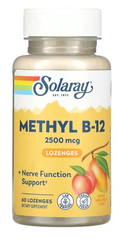 Вітамін В-12, Methyl B-12, Solaray, персик і манго 2500 мкг, 60 льодяників