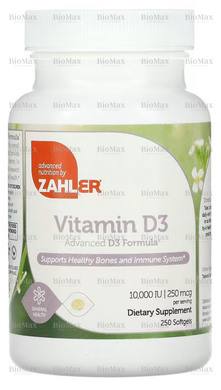 Витамин D3, улучшенная формула D3, 250 мкг (10 000 МЕ), Zahler, 250 мягких таблеток
