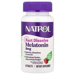 Мелатонін, Melatonin, Natrol, швидкорозчинний, смак полуниці, 5 мг, 90 таблеток