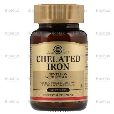 Хелатне залізо, Chelated Iron, Solgar, 25 мг, 100 таблеток