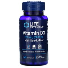Витамин Д-3, Д3 с морским йодом, Vitamin D3 with Sea-Iodine, Life Extension, 5000 МЕ, 60 капсул