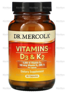Витамины Д3 и К2, Vitamins D3 & K2, Dr. Mercola, 5,000 МЕ, 90 капсул