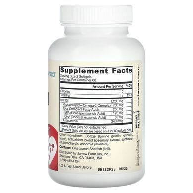 Олія криля, Krill Oil, Jarrow Formulas, 600 мг, 120 гелевих капсул
