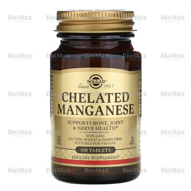 Хелат Марганець, Chelated Manganese, Solgar, 8 мг, 100 таблеток