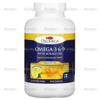 Омега 3 6 9 с маслом бурачника, с натуральным вкусом лимона, Omega 3-6-9, Oslomega, 180 капсул