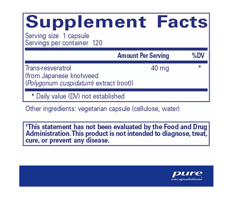 Ресвератрол, Resveratrol, Pure Encapsulations, для антиоксидантной и сердечно-сосудистой поддержки, 40 мг, 120 капсул