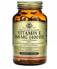 Витамин Е, Vitamin E, Solgar, натуральный, 268 мг (400 МЕ), 100 вегетарианских гелевых капсул