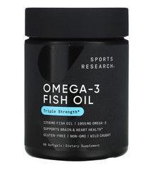 Омега-3, рыбий жир с тройной силой, Omega-3 Fish Oil, Sports Research, 1250 мг, 60 гелевых капсул