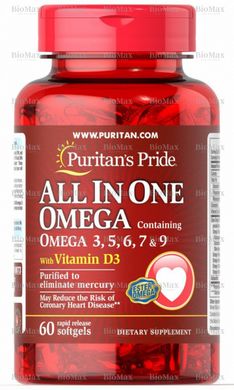 Омега 3-5-6-7-9 і вітамін Д3, Omega 3, 5, 6, 7 & 9 with Vitamin D3, Puritan's Pride, 60 капсул