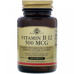 Витамин В12, (цианокобаламин), Vitamin B12, Solgar, 500 мкг, 100 таблеток