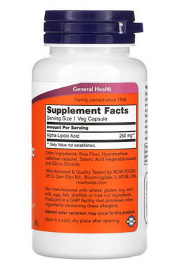 Альфа-липоевая кислота, Alpha-lipoic acid, Now Foods, 250 мг 60 капсул