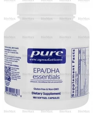 Основные ЭПК/ДГК, EPA/DHA essentials, Pure Encapsulations, ультрачистый, молекулярно-дистиллированный концентрат рыбьего жира, 500 мг, 180 капсул