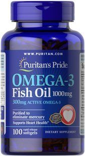 Омега-3 риб'ячий жир, Omega-3 Fish Oil, Puritan's Pride, 1000 мг, 300 мг активного, 100 гелевих капсул