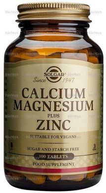 Кальций, Calcium Magnesium Plus Zinc, Solgar, 1000 мг, магний 400 мг и цинк 15 мг, 100 таблеток