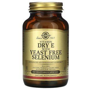 Витамин Е сухой, Vitamin E, Solgar, с селеном без дрожжей, 100 вегетарианских капсул
