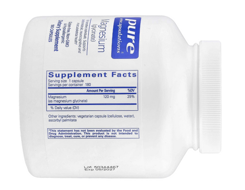 Магній гліцинат, Magnesium (glycinate), Pure Encapsulations, 120 мг, 180 капсул