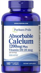 Кальций с витамином D3, Absorbable Calcium with Vitamin D3, Puritan's Pride, 1200 мг, 1000 МЕ, 100 капсул