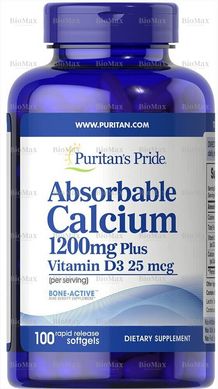 Кальций с витамином D3, Absorbable Calcium with Vitamin D3, Puritan's Pride, 1200 мг, 1000 МЕ, 100 капсул